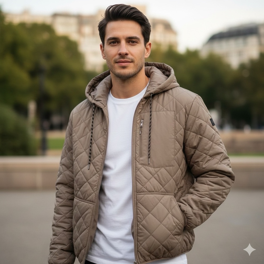 NWT Mack Russo Tan/Beige Quilted Puffer Hooded Bomber Jacket, Size Large